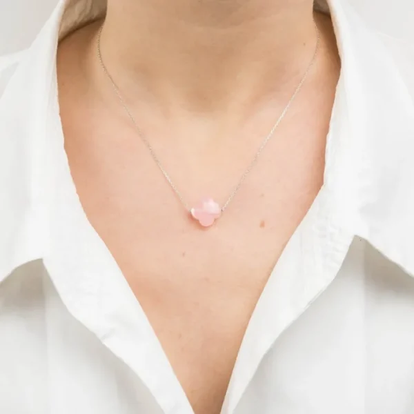 Morganne Bello Collier-COLLIER OR BLANC TREFLE QUARTZ ROSE POUDRE