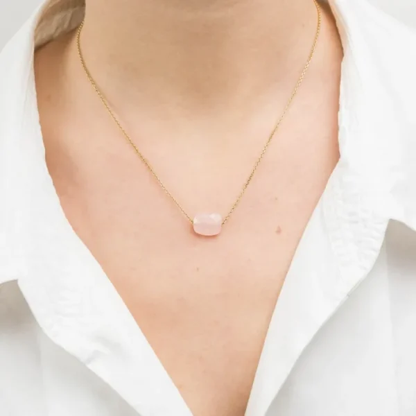 Morganne Bello Collier-COLLIER OR JAUNE COUSSIN QUARTZ ROSE POUDRE
