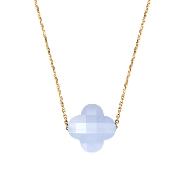 Morganne Bello Collier-COLLIER OR JAUNE TREFLE AGATE BLEUE DENTELLE