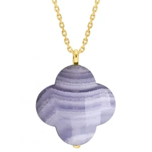 Morganne Bello Collier-COLLIER OR JAUNE TREFLE AGATE BLEUE DENTELLE PENDANTE (44 cm)