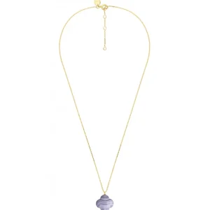 Morganne Bello Collier-COLLIER OR JAUNE TREFLE AGATE BLEUE DENTELLE PENDANTE (44 cm)