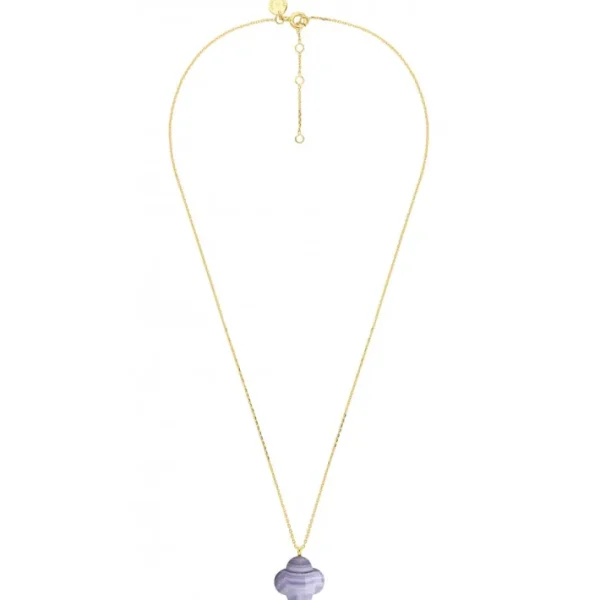 Morganne Bello Collier-COLLIER OR JAUNE TREFLE AGATE BLEUE DENTELLE PENDANTE (44 cm)