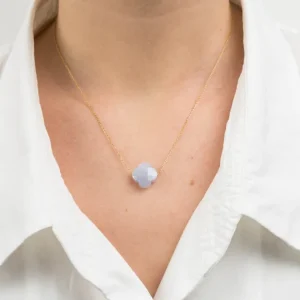 Morganne Bello Collier-COLLIER OR JAUNE TREFLE AGATE BLEUE DENTELLE