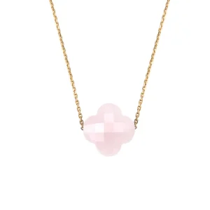 Morganne Bello Collier-COLLIER OR JAUNE TREFLE QUARTZ ROSE POUDRÉ