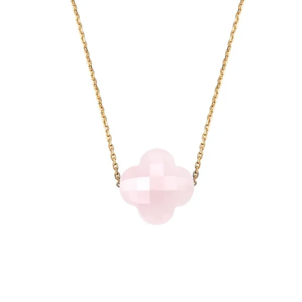 Morganne Bello Collier-COLLIER OR JAUNE TREFLE QUARTZ ROSE POUDRÉ