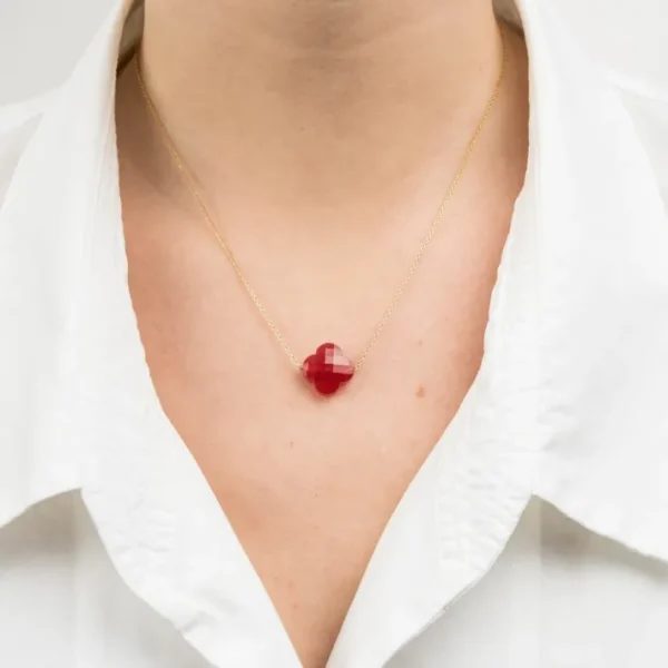 Morganne Bello Collier-COLLIER OR JAUNE TREFLE QUARTZ ROUGE