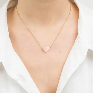 Morganne Bello Collier-COLLIER OR JAUNE TREFLE QUARTZ ROSE POUDRÉ
