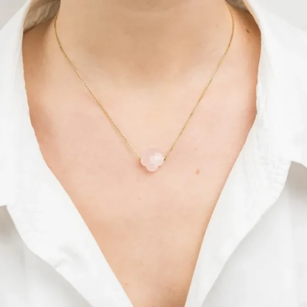 Morganne Bello Collier-COLLIER OR JAUNE TREFLE QUARTZ ROSE POUDRÉ