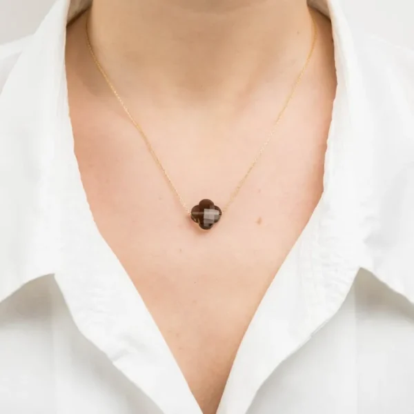 Morganne Bello Collier-COLLIER OR JAUNE TREFLE QUARTZ FUME