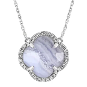 Morganne Bello Collier-COLLIER VICTORIA DIAMANTS AGATE BLEUE DENTELLE + DIAMANTS OR BLANC