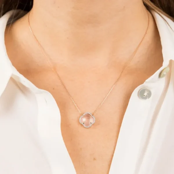 Morganne Bello Collier-COLLIER VICTORIA DIAMANTS QUARTZ ROSE MILKY + DIAMANTS OR ROSE