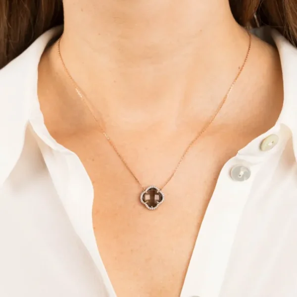 Morganne Bello Collier-COLLIER VICTORIA DIAMANTS QUARTZ FUME + DIAMANTS OR ROSE