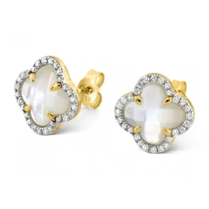 Morganne Bello Boucles D'Oreilles-PUCES D'OREILLES VICTORIA DIAMANTS NACRE BLANCHE + DIAMANTS OR JAUNE